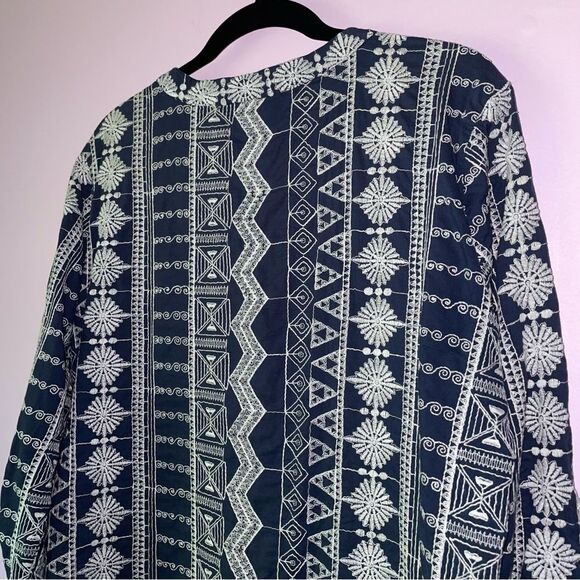 Madison Mathews Size L Tunic Dress Navy Embroidered Aztec Boho Southwestern - Picture 7 of 8